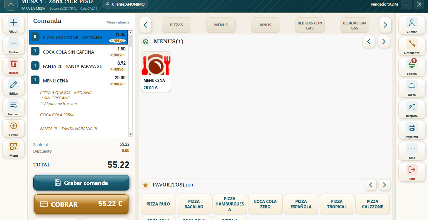 ISHostel: comanda con menú y notas, total 55,22 €